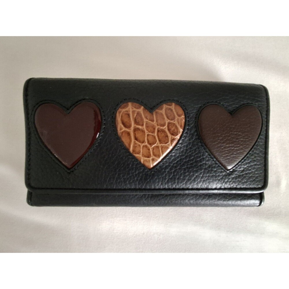 Brighton Leather Wallet with Hearts Brown Red Black Rare! 7.5" X 4" VGC